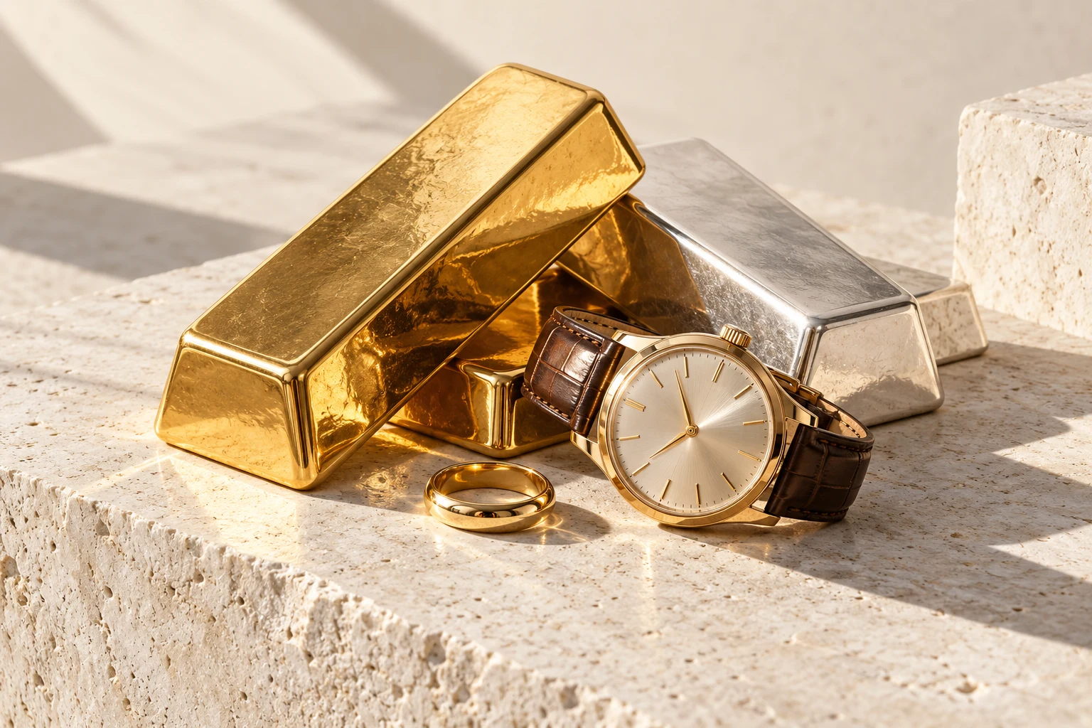 Illustrative composition of gold and silver bars, a watch and a ring